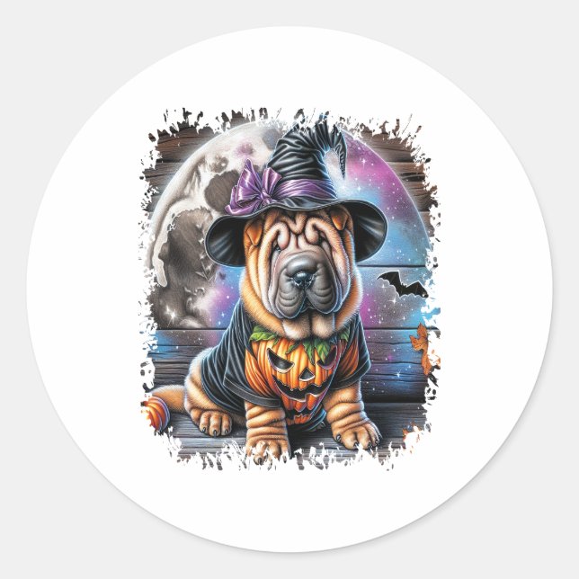 Shar Pei Dog Halloween Square Classic Round Sticker (Front)