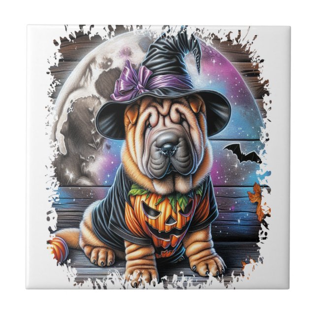 Shar Pei Dog Halloween Square Tile (Front)