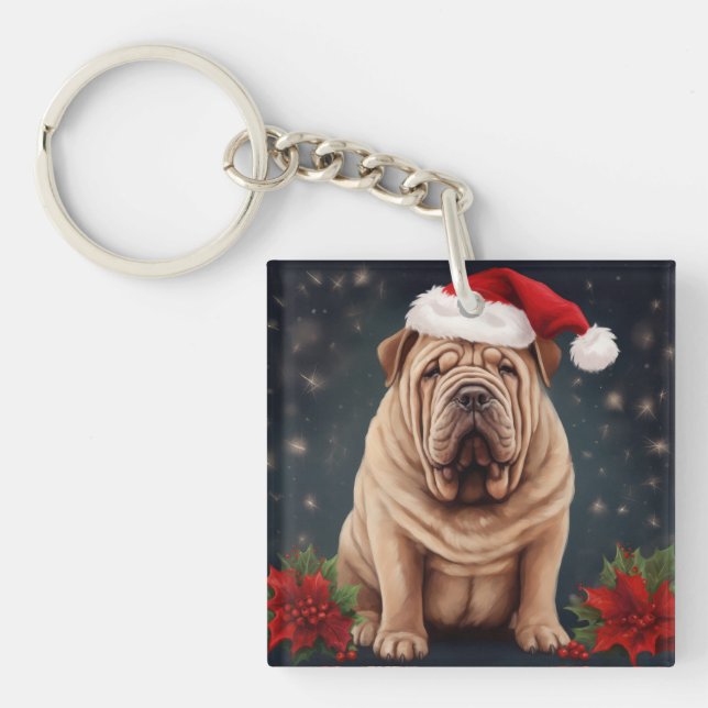 Shar Pei Dog in Snow Christmas  Keychain (Front)