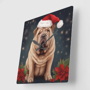 Shar Pei Dog in Snow Christmas Square Wall Clock