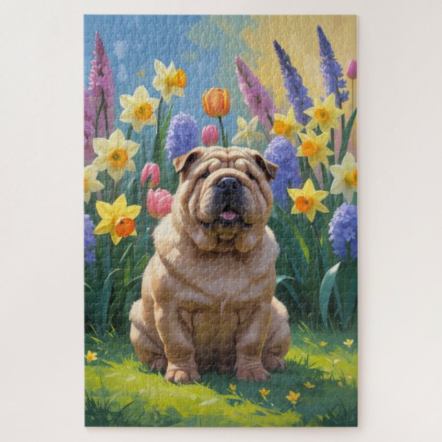 Shar Pei Dog Spring Flowers Painting Jigsaw Puzzle (Vertical)