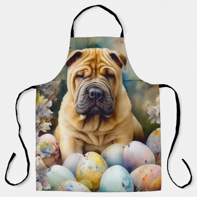 Shar Pei Dog with Easter Eggs Holiday  Apron (Front)