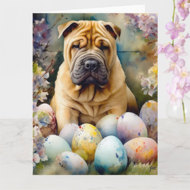 Shar Pei Dog with Easter Eggs Holiday  Card (Orchid)