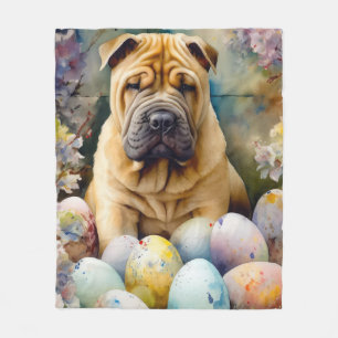 Shar Pei Dog with Easter Eggs Holiday Fleece Blanket