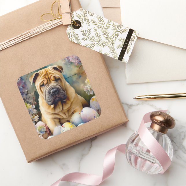 Shar Pei Dog with Easter Eggs Holiday  Square Sticker (Gifting)