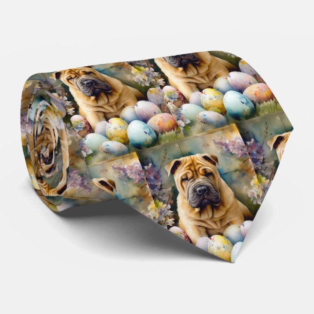 Shar Pei Dog with Easter Eggs Holiday  Tie (Rolled)