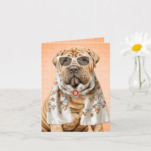 Shar Pei Dog with Peach Pattern Monogrammed Card