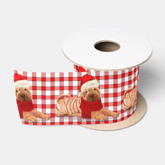 Shar Pei Dog with Red and White Checks Christmas Satin Ribbon
