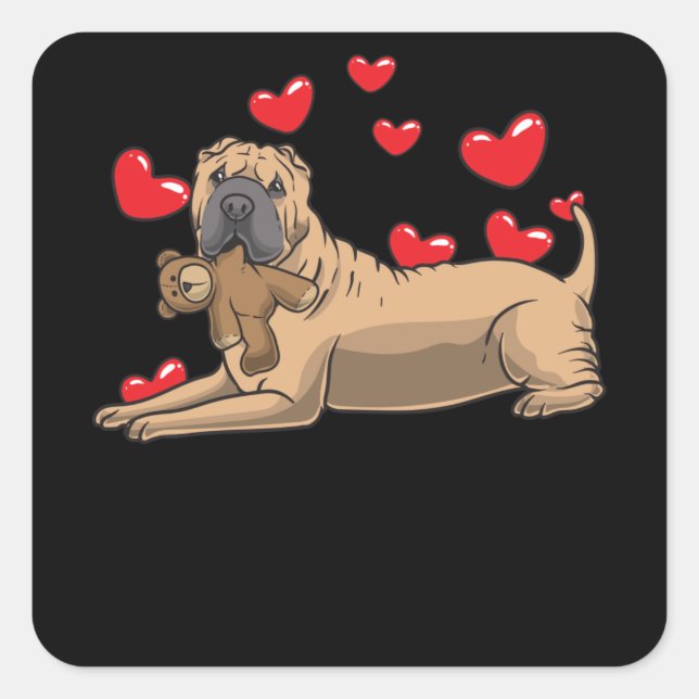 Shar Pei Dog With Stuffed Animal And Hearts Square Sticker (Front)