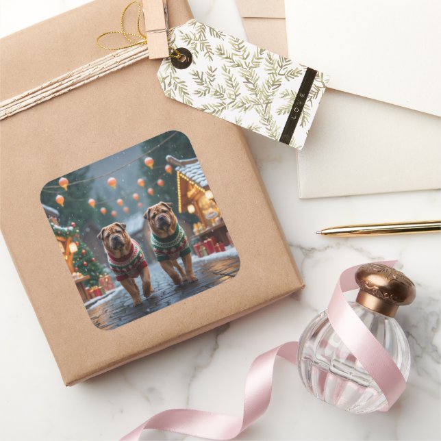 Shar Pei  Dogs Christmas Snow Holiday Square Sticker (Gifting)