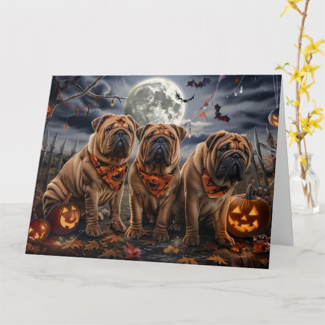 Shar Pei Halloween Spooky Card (Yellow Flower)