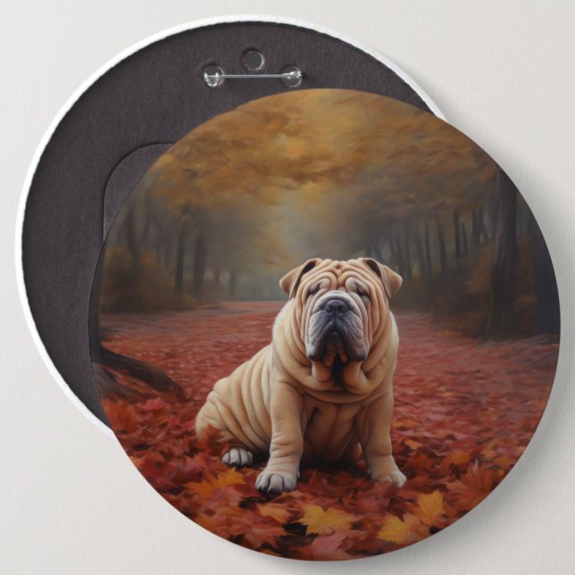 Shar Pei in Autumn Leaves Fall Inspire 6 Inch Round Button (Front & Back)