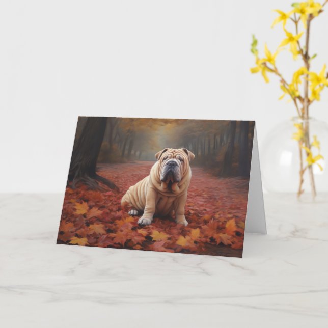 Shar Pei in Autumn Leaves Fall Inspire Card (Yellow Flower)