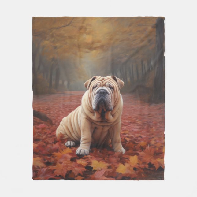 Shar Pei in Autumn Leaves Fall Inspire Fleece Blanket (Front)