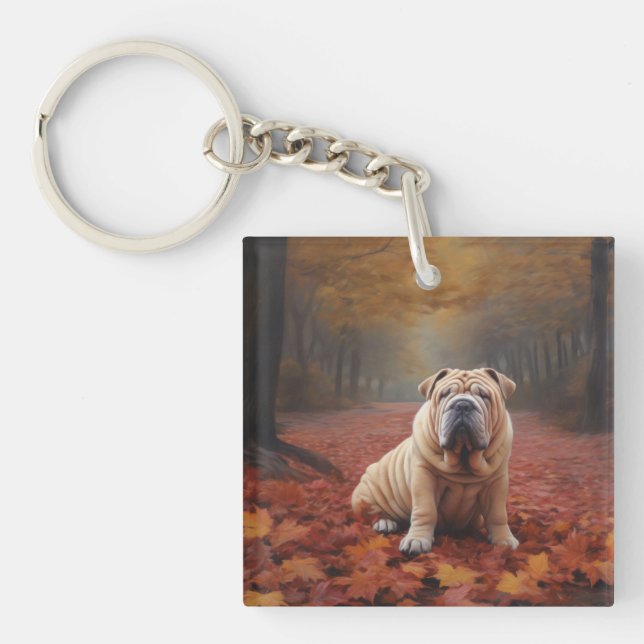 Shar Pei in Autumn Leaves Fall Inspire Keychain (Front)