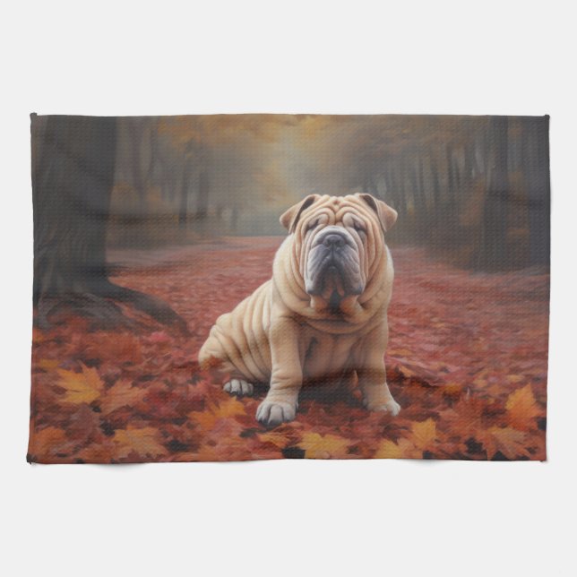 Shar Pei in Autumn Leaves Fall Inspire Kitchen Towel (Horizontal)