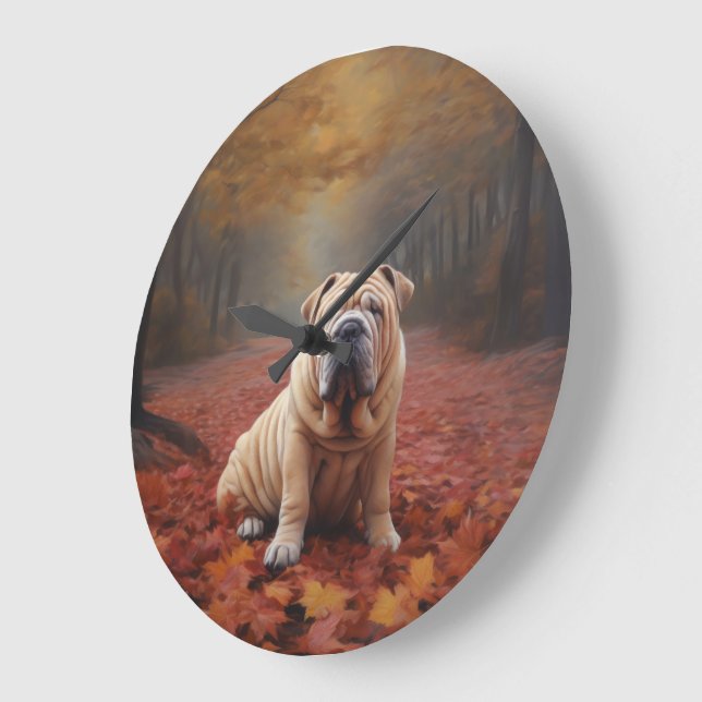 Shar Pei in Autumn Leaves Fall Inspire Large Clock (Angle)