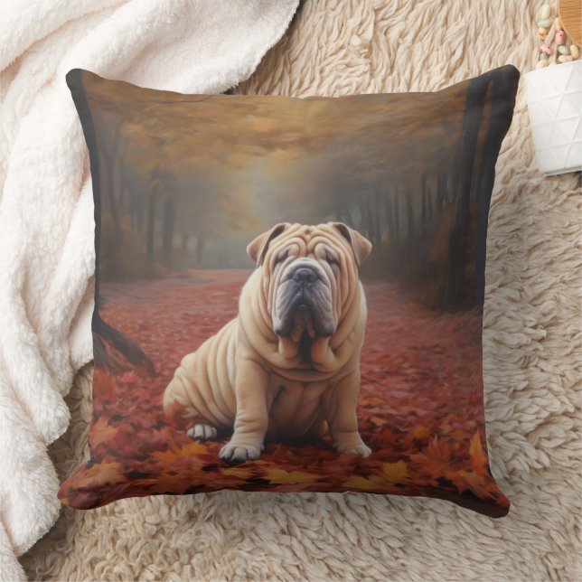 Shar Pei in Autumn Leaves Fall Inspire Throw Pillow (Blanket)