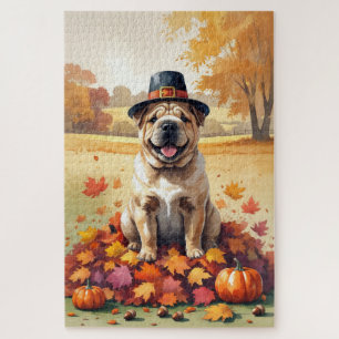 Shar Pei In Autumn Leaves Thanksgiving Art Jigsaw Puzzle