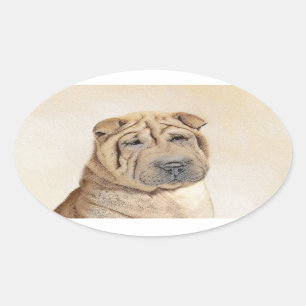 Shar Pei Painting - Cute Original Dog Art Oval Sticker