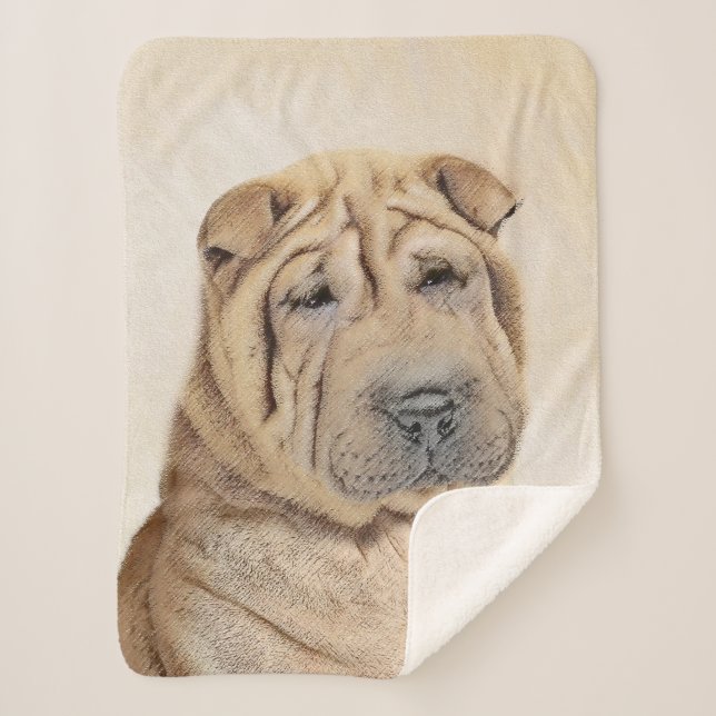 Shar Pei Painting - Cute Original Dog Art Sherpa Blanket (Front)