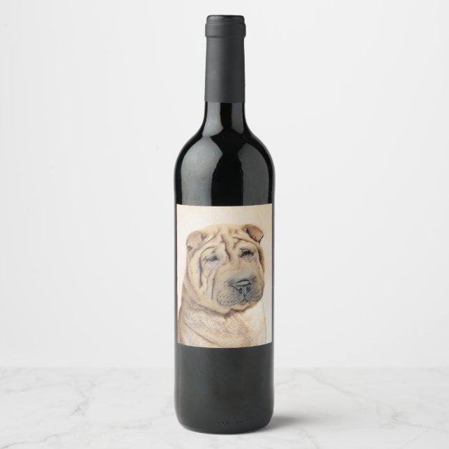 Shar Pei Painting - Cute Original Dog Art Wine Label (Front)