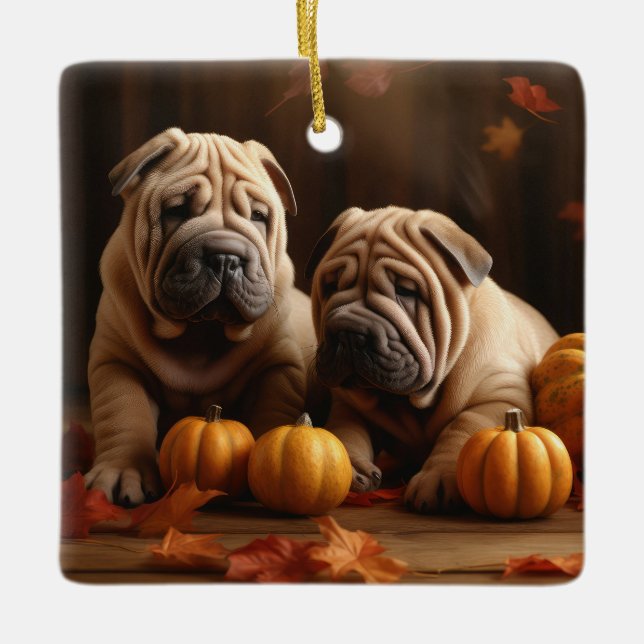 Shar Pei Puppy Autumn Delight Pumpkin Ceramic Ornament (Front)
