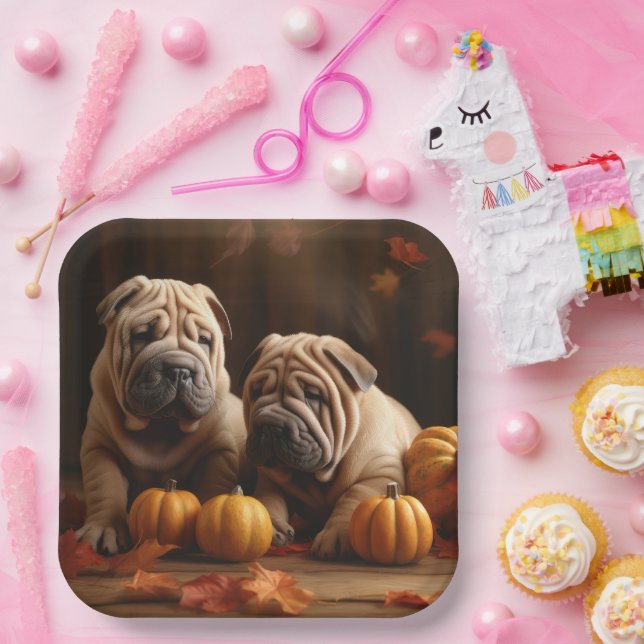 Shar Pei Puppy Autumn Delight Pumpkin Paper Plate (Party)