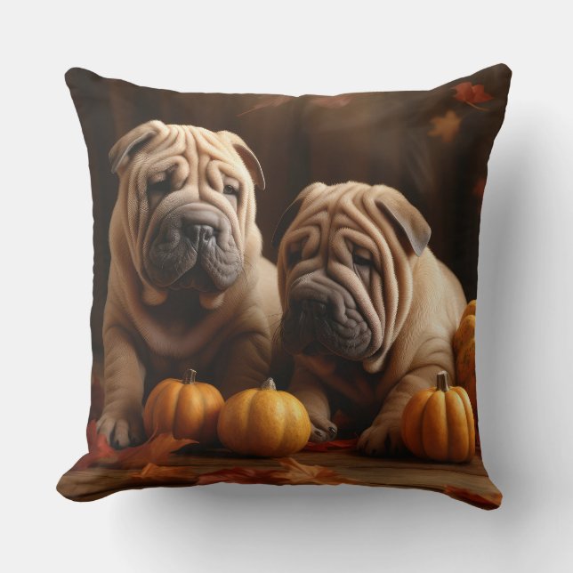 Shar Pei Puppy Autumn Delight Pumpkin Throw Pillow (Front)