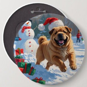 Shar Pei Running in Snow with Christmas Hat 6 Inch Round Button