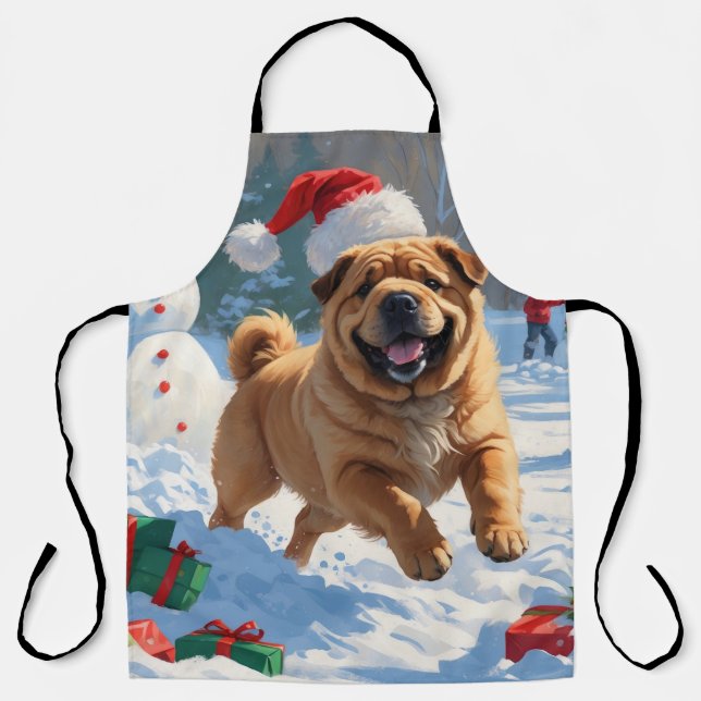 Shar Pei Running in Snow with Christmas Hat Apron (Front)