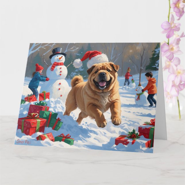 Shar Pei Running in Snow with Christmas Hat Card (Orchid)