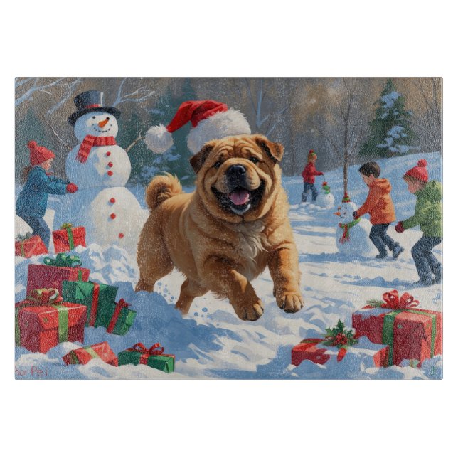 Shar Pei Running in Snow with Christmas Hat Cutting Board (Front)