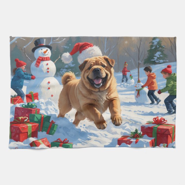 Shar Pei Running in Snow with Christmas Hat Kitchen Towel (Horizontal)