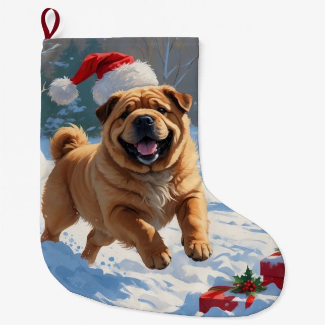 Shar Pei Running in Snow with Christmas Hat Large Christmas Stocking (Front)