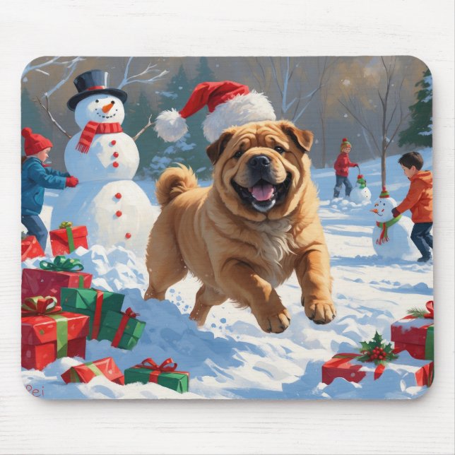 Shar Pei Running in Snow with Christmas Hat Mouse Pad (Front)