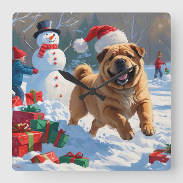 Shar Pei Running in Snow with Christmas Hat Square Wall Clock (Front)