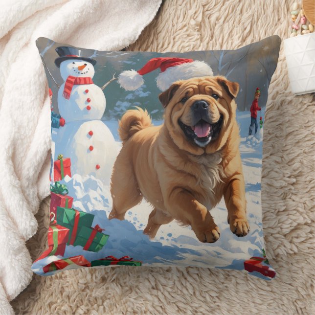 Shar Pei Running in Snow with Christmas Hat Throw Pillow (Blanket)