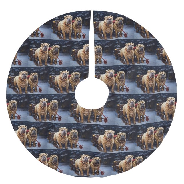 Shar Pei Snowy Sleigh Christmas Decor Brushed Polyester Tree Skirt (Front)