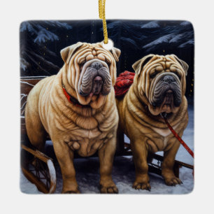 Shar Pei Snowy Sleigh Christmas Decor Ceramic Ornament