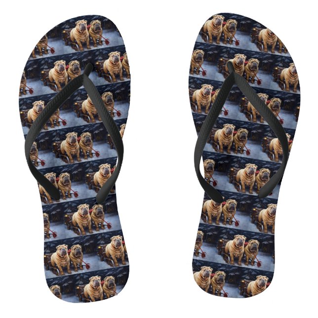 Shar Pei Snowy Sleigh Christmas Decor Flip Flops (Footbed)