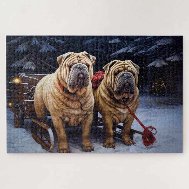 Shar Pei Snowy Sleigh Christmas Decor Jigsaw Puzzle (Horizontal)