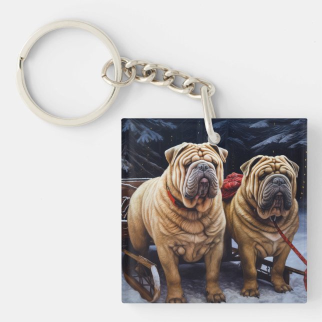 Shar Pei Snowy Sleigh Christmas Decor Keychain (Front)