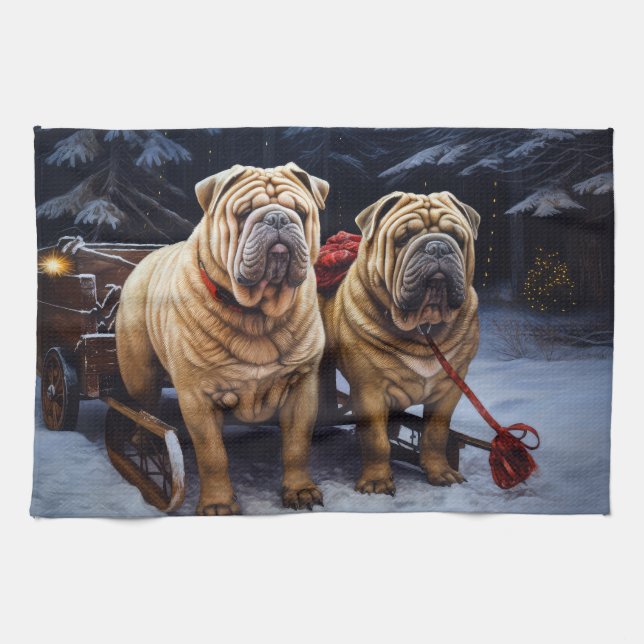 Shar Pei Snowy Sleigh Christmas Decor Kitchen Towel (Horizontal)