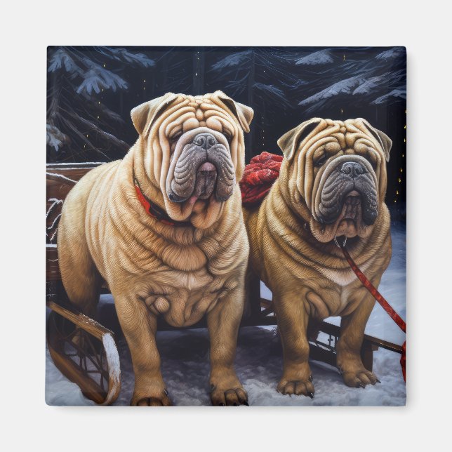 Shar Pei Snowy Sleigh Christmas Decor Magnet (Front)