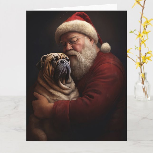 Shar Pei With Santa Claus Festive Christmas  Card (Yellow Flower)