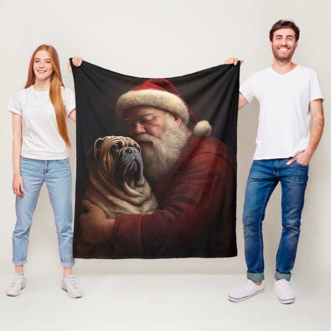 Shar Pei With Santa Claus Festive Christmas  Fleece Blanket (In Situ)