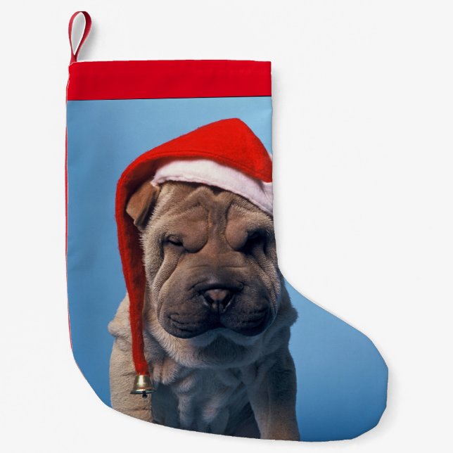 Shar pei with x-mas hat small christmas stocking (Front)