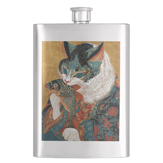 Sharaku Style Ukiyo-e Kabuki Cat Hip Flask (Front)