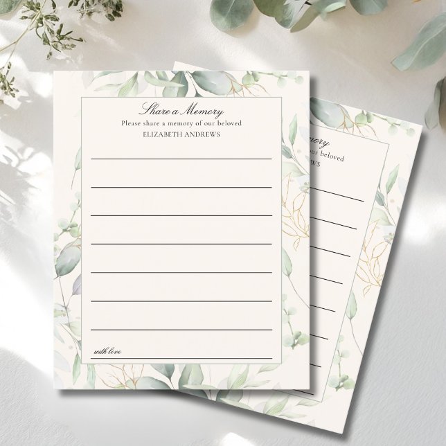 "Share a Memory"  Funeral Service Attendance Cards ("Share a Memory" Eucalyptus Funeral Service Attendance)